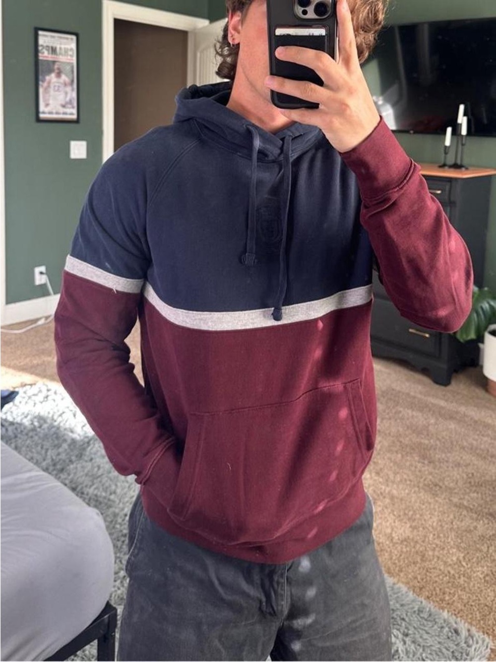 American Eagle Outfitters Navy and Burgundy Hoodie